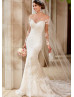 Sheer Neckline Ivory Lace Tulle Long Sleeves Buttons Back Wedding Dress